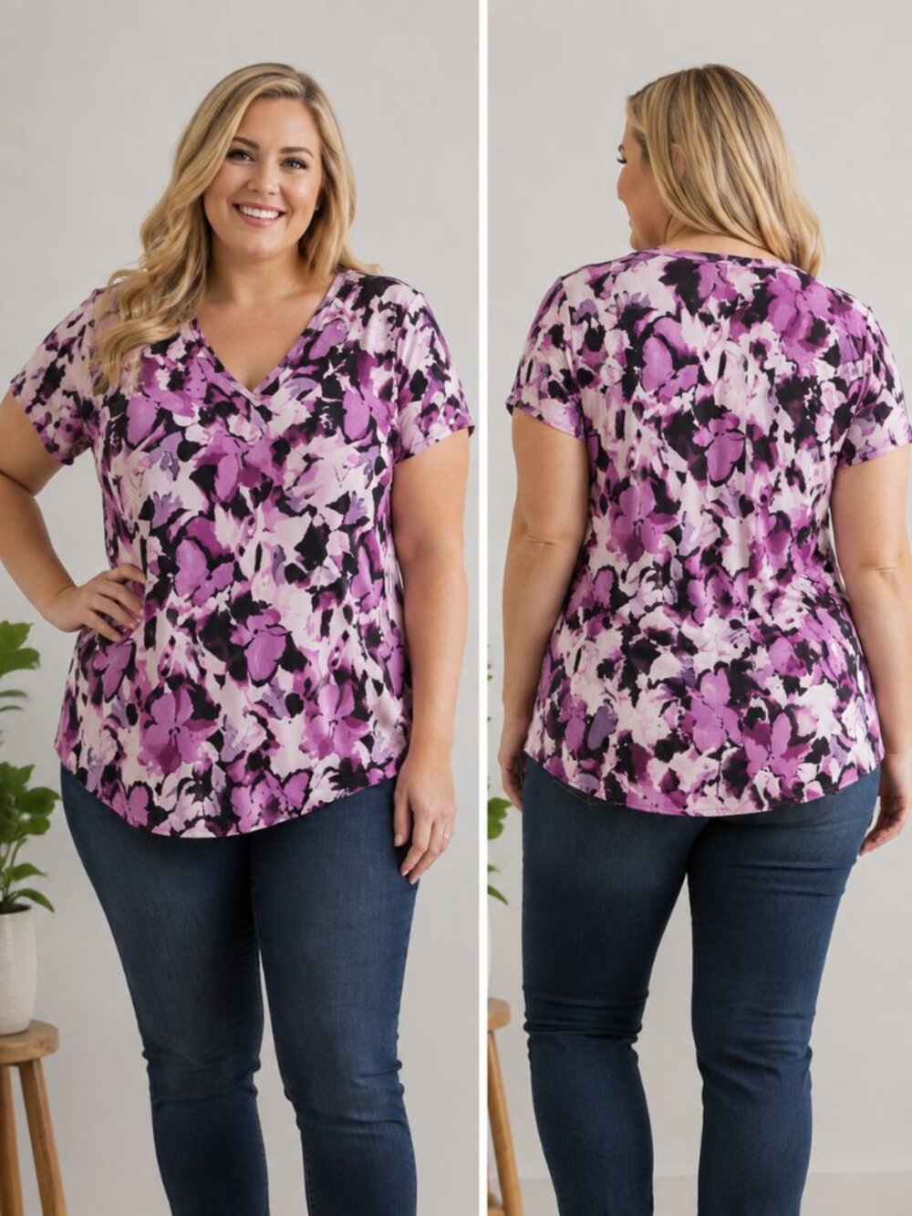 Jones New York Easy Dressing Women's 2X Purple Floral V-Neck Blouse Stretch Top